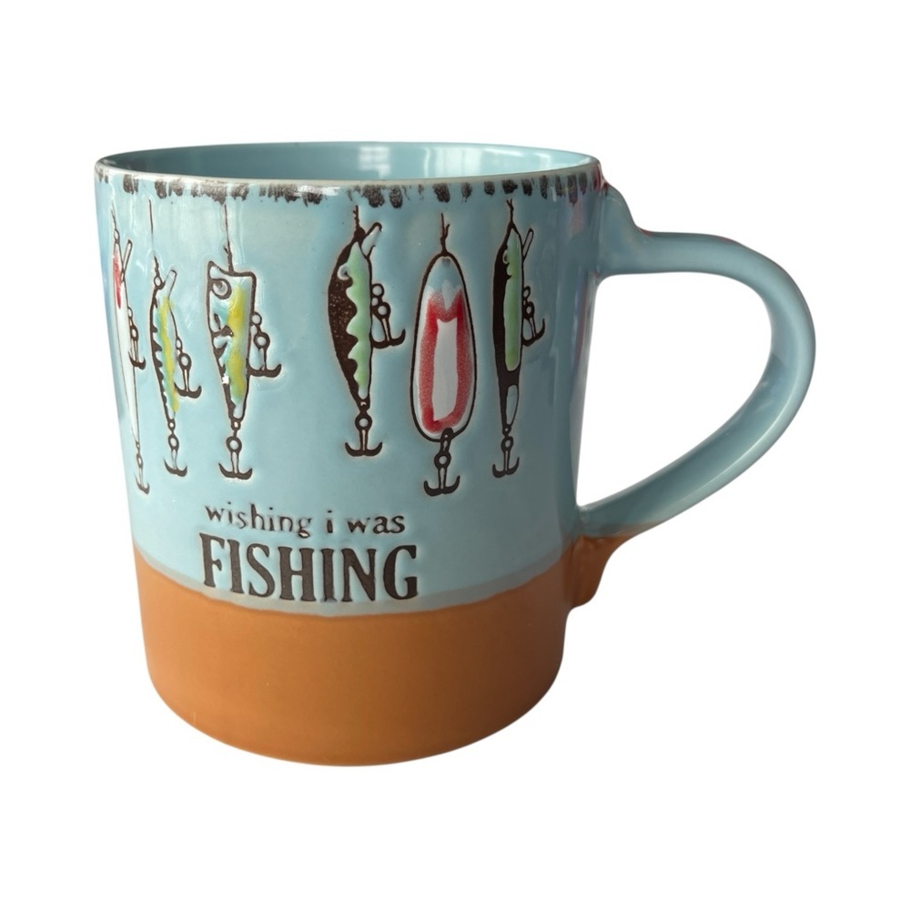 Wishing I Was Fishing Mug 18 oz Ceramic Coffee Cup Hooks Lures Spinner - Picture 3 of 7